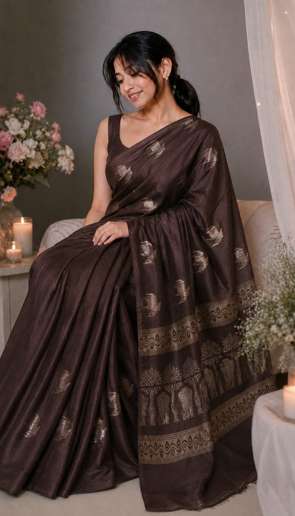 Coffee Brown Semi Chanderi — Semi Chanderi saree by Aluna Weaves
